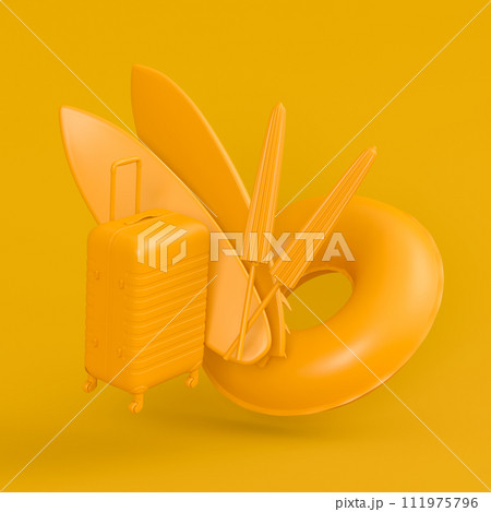 Colorful surfboard, beach ring, umbrellas and scuba mask on monochrome. 111975796