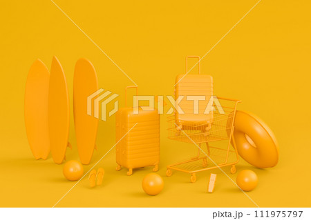 Colorful beach accessories and shopping trolley on monochrome background. Colorful beach accessories and shopping trolley on monochrome background. 111975797