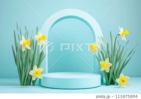 3d render of yellow podium and daffodils on green background. Platform with floral decoration and flowers 111975804