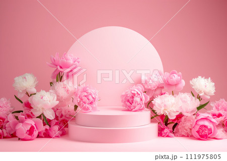 3d render, abstract minimal scene with geometrical forms, podiums, palm leaves, flowers on a pink background. 111975805