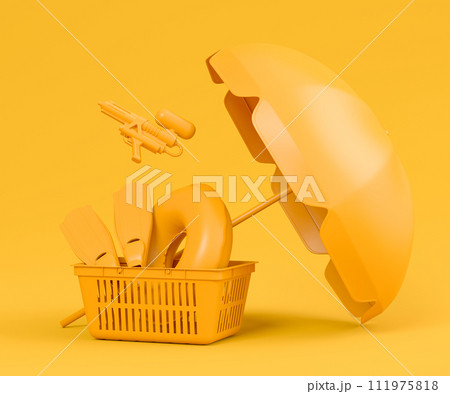 Colorful luggage with beach accessories and shopping basket on monochrome Colorful luggage with beach accessories and shopping basket on monochrome 111975818