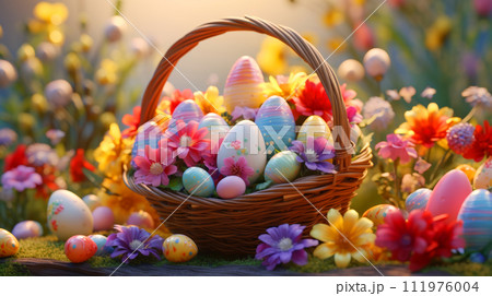 A vibrant basket overflowing with perfect colorful handmade Easter eggs 111976004