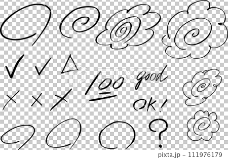 Hanamaru, black circle, calligraphy, test scoring, hand-drawn set 111976179