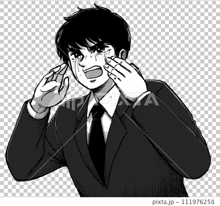 昭和劇画風イラスト・泣きながら応援する塾講師のモノクロイラスト 昭和劇画風イラスト・泣きながら応援する塾講師のモノクロイラスト 111976258