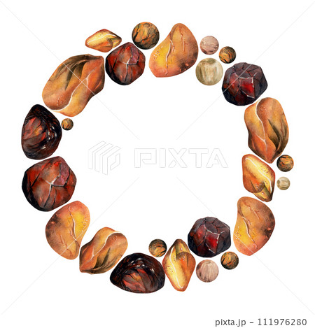 Hand drawn watercolor illustration precious semiprecious jewel gem crystal chakra birth stone. Amber garnet sunstone. Wreath frame isolated on white background. Design print, shop, jewelry, fashion Hand drawn watercolor illustration precious semiprecious jewel gem crystal chakra birth stone. Amber garnet sunstone. Wreath frame isolated on white background. Design print, shop, jewelry, fashion 111976280