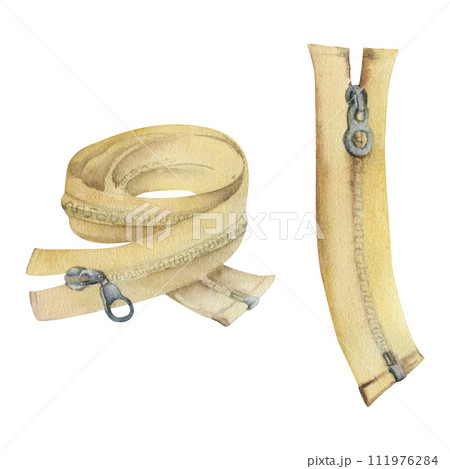 Hand drawn watercolor illustration sewing craft seamstress supplies tools. Clothing clasp fabric zippers fly fasteners. Set of objects isolated on white background. Design atelier, tailor, hobby shop 111976284