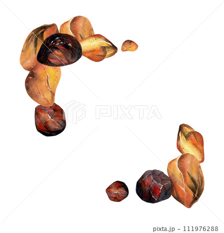 Hand drawn watercolor illustration precious semiprecious jewel gem crystal chakra birth stone. Amber garnet sunstone. Square frame isolated on white background. Design print, shop, jewelry, fashion 111976288