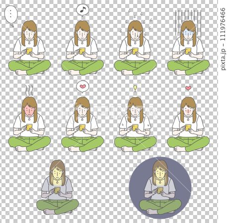 An illustration set of a long-haired brown-haired woman sitting cross-legged while holding a smartphone and making various expressions. An illustration set of a long-haired brown-haired woman sitting cross-legged while holding a smartphone and making various expressions. 111976466