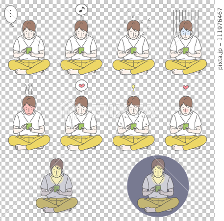An illustration set of a boy in a white shirt sitting cross-legged while holding a smartphone and making various expressions. 111976467