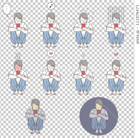 A set of 10 illustrations of a man in a dress shirt doing sports sitting while holding a smartphone and making various expressions. 111976471