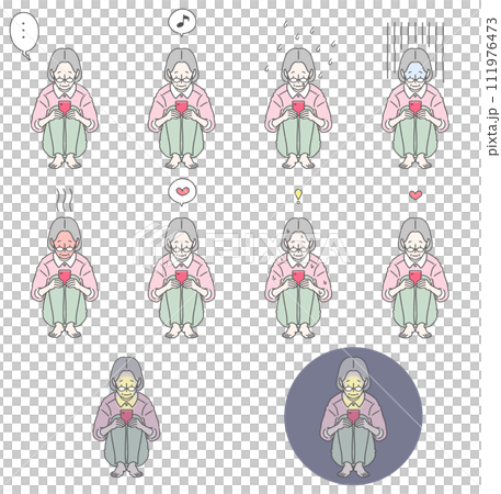 An illustration set of a senior woman wearing glasses sitting in a triangular position while holding a smartphone and making various expressions. 111976473