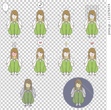 A set of 10 illustrations of a woman with long brown hair doing sports sitting while holding a smartphone and making various expressions. A set of 10 illustrations of a woman with long brown hair doing sports sitting while holding a smartphone and making various expressions. 111976474