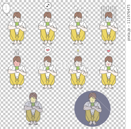 A set of 10 illustrations of a boy in a white shirt doing sports sitting while holding a smartphone with various expressions. 111976475