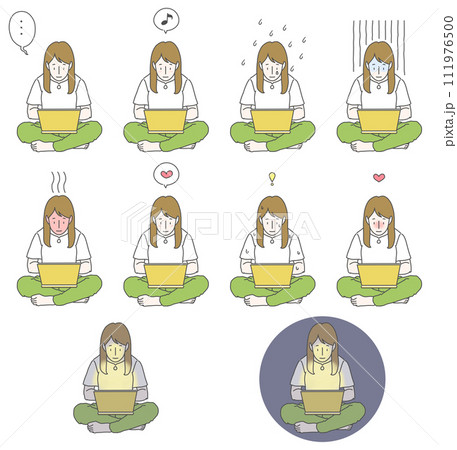 パソコンを抱えながらあぐらをかいて座っている髪の長い女性が様々な表情を浮かべている姿10セット 111976500