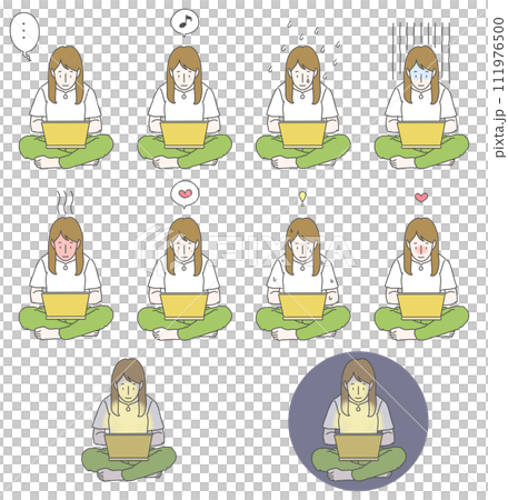 パソコンを抱えながらあぐらをかいて座っている髪の長い女性が様々な表情を浮かべている姿10セット 111976500