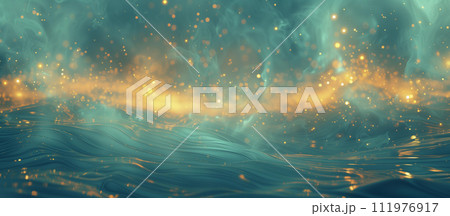 AI-generated content. Turquoise Blue with Gold Lights Abstract Water Background 111976917