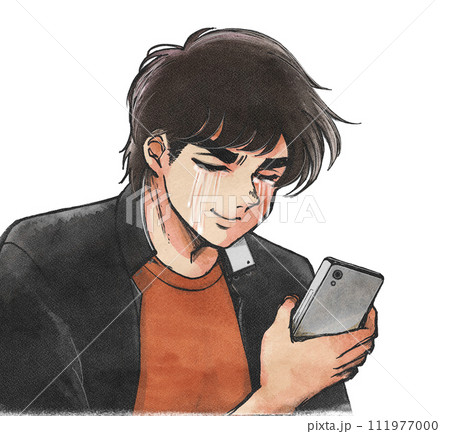 スマートフォンを見て泣く昭和の男子学生 スマートフォンを見て泣く昭和の男子学生 111977000