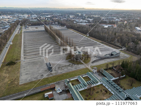 aerial View of the Dachau Concentration Camp in Bavaria, Germany aerial View of the Dachau Concentration Camp in Bavaria, Germany 111977063