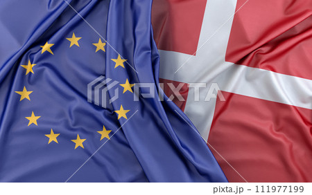 Ruffled Flags of European Union and Denmark. 3D Rendering Ruffled Flags of European Union and Denmark. 3D Rendering 111977199