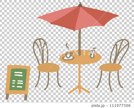 カフェテーブル　パラソル　カフェ看板　イラスト（レッド） 111977306
