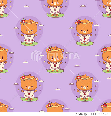Seamless pattern with hippy bear girl on purple background. Funny retro groovy kawaii animal character. Vector illustration. 111977357