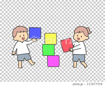 カラフルなブロックを積む子供たち カラフルなブロックを積む子供たち 111977359