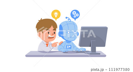 Human working with AI Robot with computer. illustration vector cartoon character design on white background. Medical concept. Human working with AI Robot with computer. illustration vector cartoon character design on white background. Medical concept. 111977380