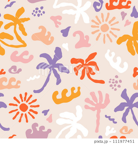Seamless summer background with hand drawn abstract shapes, palms,sun, waves. Holiday creative pattern. Vector illustration 111977451