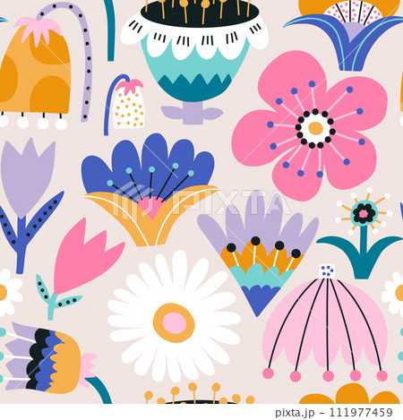 Seamless floral vector pattern with abstract flowers. Creative pastel botanical background. Vector illustration 111977459