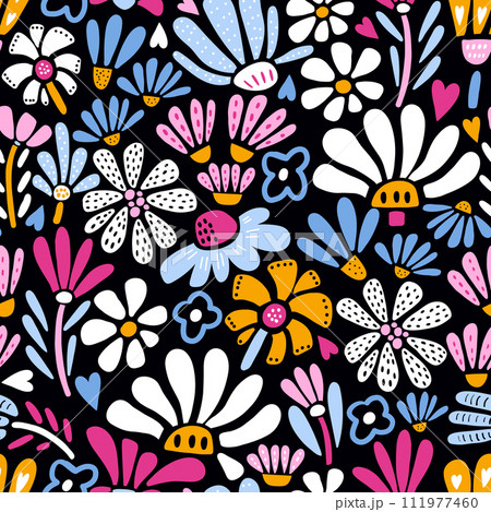 Seamless pattern with hand drawn plants, flowers, leaves. Floral background. Great for fabric design, wallpaper, apparel. Botanical bold vector illustration 111977460