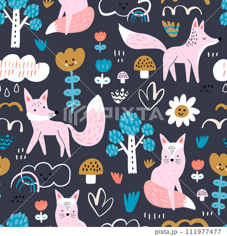 Seamless childish pattern with cute foxes. Creative kids forest texture for fabric, wrapping, textile, wallpaper, apparel. Vector illustration Seamless childish pattern with cute foxes. Creative kids forest texture for fabric, wrapping, textile, wallpaper, apparel. Vector illustration 111977477