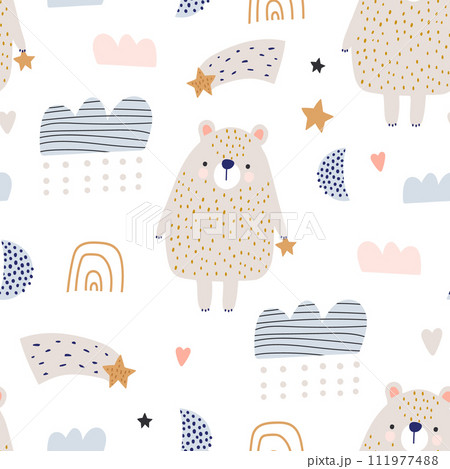 Seamless pattern with cute cartoon bear, clouds. Creative Scandinavian style childish texture. Great for fabric, textile Vector Illustration Seamless pattern with cute cartoon bear, clouds. Creative Scandinavian style childish texture. Great for fabric, textile Vector Illustration 111977488