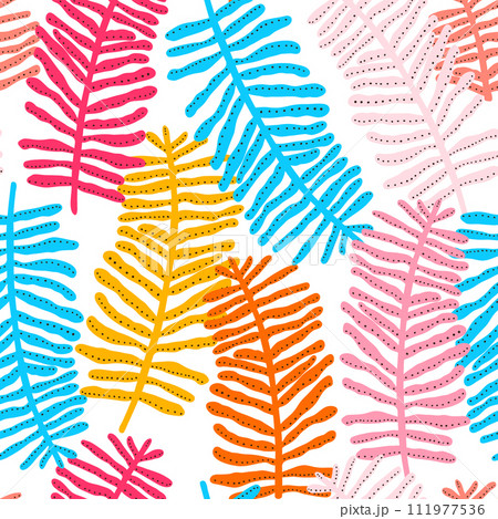 Seamless botanical pattern with colorful palm branches. Vector summer tropical texture. 111977536