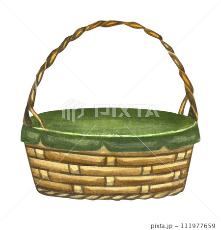 Watercolor illustration of a wicker basket. Made by hand isolated on white background 111977659