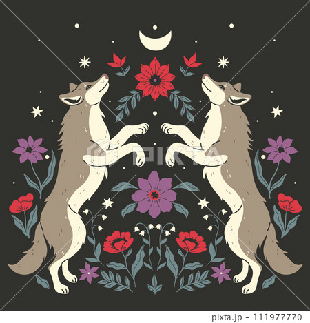 A symmetrical composition of two wolves standing sideways in a jump and flowers on a dark background. Vector graphics A symmetrical composition of two wolves standing sideways in a jump and flowers on a dark background. Vector graphics 111977770