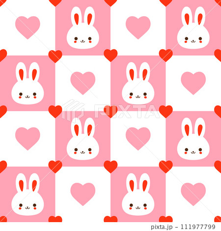 Cute checkered seamless pattern with kawaii bunnies and hearts. Vector graphics. Cute checkered seamless pattern with kawaii bunnies and hearts. Vector graphics. 111977799