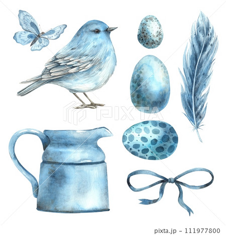 Watercolor set on an Easter theme in blue shades: bird, eggs, bow, butterfly, jug. Illustrations hand drawn on isolated background for greeting cards, invitations, happy holidays, posters, graphic des 111977800