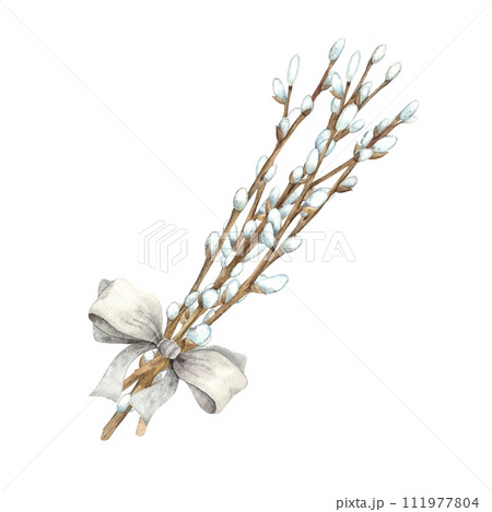 Watercolor composition with a bouquet of willow and a bow. Easter holiday illustration hand drawn. Sketch on isolated background for greeting cards, invitations, happy holidays, posters. 111977804