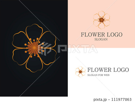 Elegant Botanical Logo in Minimalist Line Art Style. Golden Flower Icon in a Vector Illustration 111977863