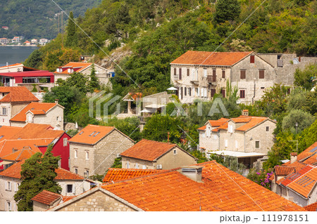 Houses of Perast, Montenegro, high angle view 111978151
