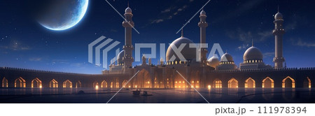 A mosque illuminated by the moon and stars in the nighttime. A mosque illuminated by the moon and stars in the nighttime. 111978394