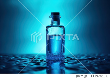 a bottle of blue liquid on blue background 111978594