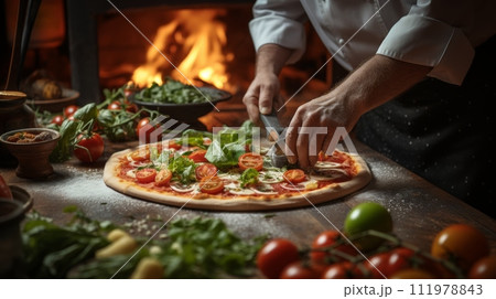 Cook's hands with a hand grater, scratching a piece of cheese on a delicious pizza 111978843