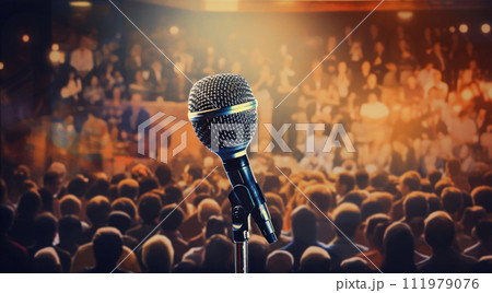 a microphone in the background in front of an audience 111979076