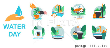 The set fo flat logo for world water day infographic. The save water graphic elements in the vector illustration 111979149