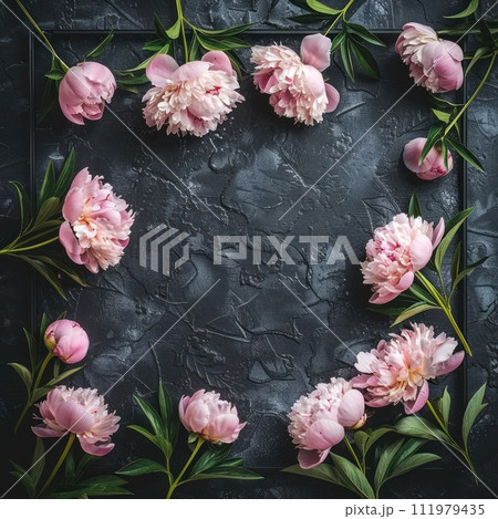 Peonies in a stunning dark-colored frame. Black floral backdrop 111979435
