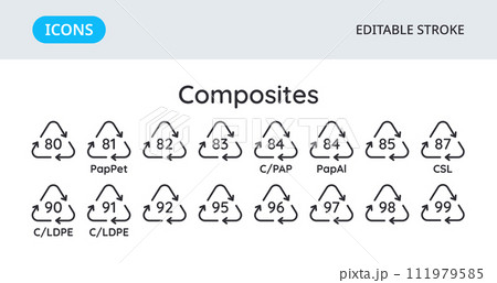Composites recycling codes icons. Triangular environmental symbols of materials. Set of elements on a white background. Editable stroke. Composites recycling codes icons. Triangular environmental symbols of materials. Set of elements on a white background. Editable stroke. 111979585