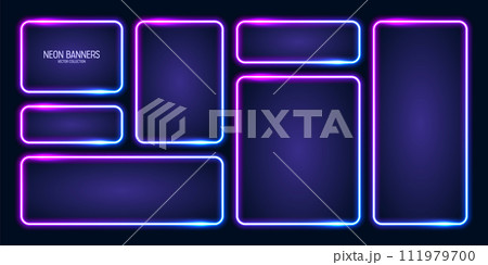 Glowing neon banners, illuminated colorful square frames. Shiny vibrant border, glow effect. Blue vintage retro lights, night illumination. Modern futuristic UI design elements. Vector illustration 111979700