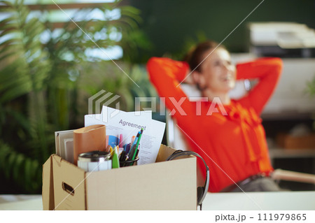 Smiling 40 years old woman employee in green office 111979865