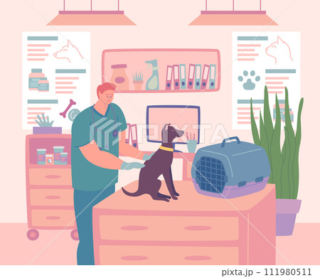 Cartoon Color Character Boy with Dog and Carrier Concept Flat Design Style. Vector illustration of Cute Puppy Cartoon Color Character Boy with Dog and Carrier Concept Flat Design Style. Vector illustration of Cute Puppy 111980511